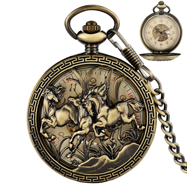 GWS Zakhorloge Paarden Mechanisch Vintage – Met ketting - Mechanisch Zakhorloge met handmatige opwinding