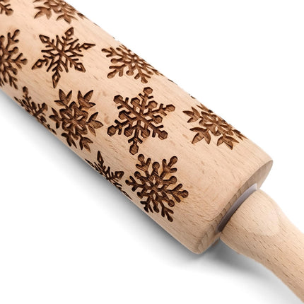 Deegroller Kerst print Sneeuwvlok- Koekjes roller kerst decoratie Sneeuwvlok - Beukenhout 35cm