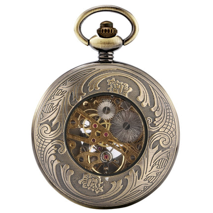 GWS Zakhorloge Mechanisch Skeleton Brons – Met ketting - Mechanisch Steampunk Zakhorloge met handmatige opwinding image 2