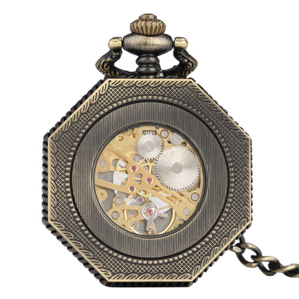 Zakhorloge Deluxe Mechanisch Skeleton Brons – Met ketting - Mechanisch achthoekige zakhorloge met handmatige opwinding image 3
