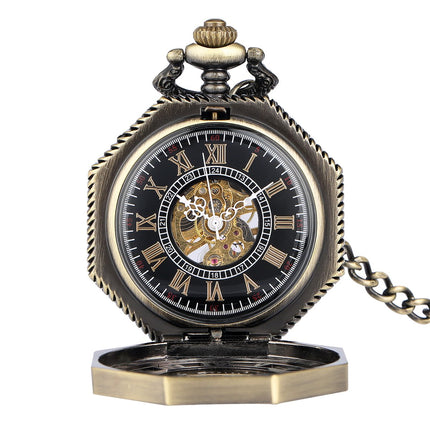 Zakhorloge Deluxe Mechanisch Skeleton Brons – Met ketting - Mechanisch achthoekige zakhorloge met handmatige opwinding image 2