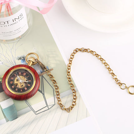 Vintage Zakhorloge Skeleton - Met ketting - Mechanisch zakhorloge met handmatige opwinding - Hout - Rood image 4