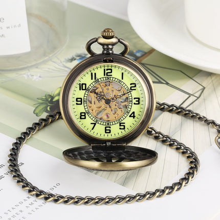 Vintage Zakhorloge Skeleton - Met ketting - Mechanisch zakhorloge met handmatige opwinding - Lichtgevend – Brons image 3