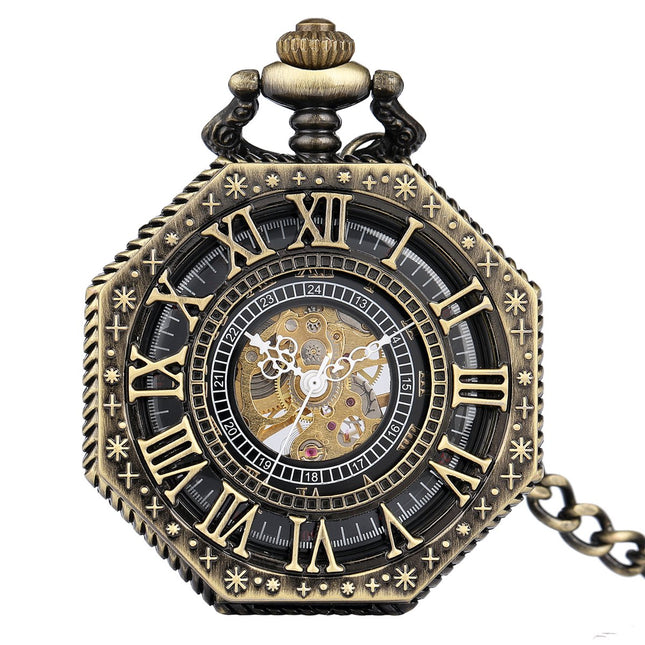 Zakhorloge Deluxe Mechanisch Skeleton Brons – Met ketting - Mechanisch achthoekige zakhorloge met handmatige opwinding
