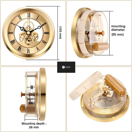 GWS Insteek Quartz Los uurwerk - Gouden rand uurwerk – Skeleton Klok uurwerk 103mm – Los compleet uurwerk vervangen rond image 3