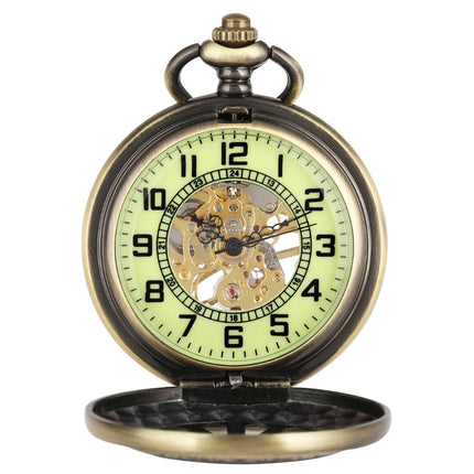 Vintage Zakhorloge Skeleton - Met ketting - Mechanisch zakhorloge met handmatige opwinding - Lichtgevend – Brons image 7