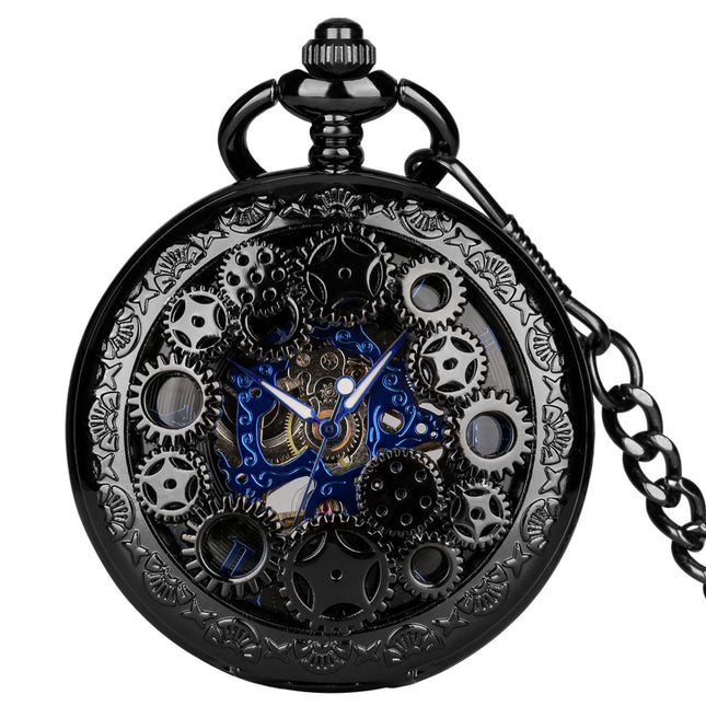 GWS Zakhorloge Zwart Mechanisch Vintage – Met ketting - Mechanisch Zakhorloge met handmatige opwinding - Blauwe wijzers