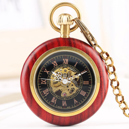 Vintage Zakhorloge Skeleton - Met ketting - Mechanisch zakhorloge met handmatige opwinding - Hout - Rood image 3