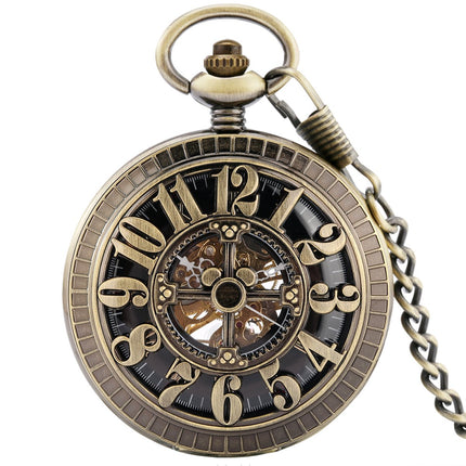 GWS Zakhorloge Mechanisch Skeleton Brons – Met ketting - Mechanisch Steampunk Zakhorloge met handmatige opwinding