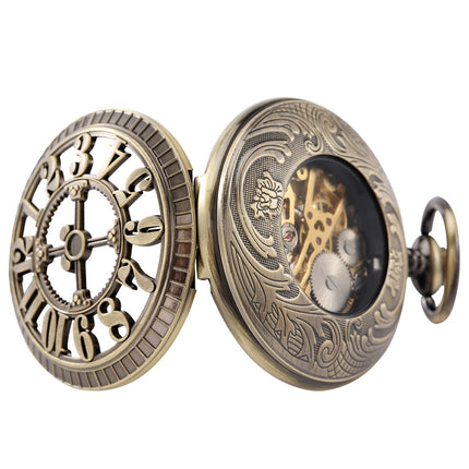 GWS Zakhorloge Mechanisch Skeleton Brons – Met ketting - Mechanisch Steampunk Zakhorloge met handmatige opwinding image 4