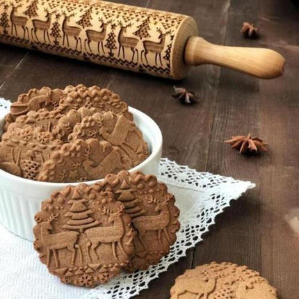 Christmas Elk Print Deegroller Gegraveerde Deegroller Houten Embossing Reliëf Bakken Tools