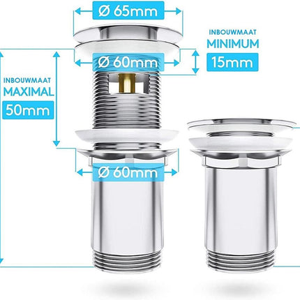 Waterval Premium Click Waste Afvoerplug Verchroomd – Pop-up Wastafel afvoerplug 65mm diameter – Zilver image 4