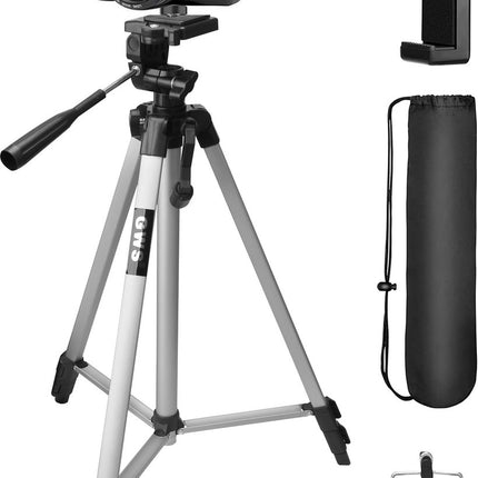 GWS Tripod Statief Aluminium - Universeel Camera en Telefoon Statief - Incl. Smartphone Houders - 134CM Zilvergrijs